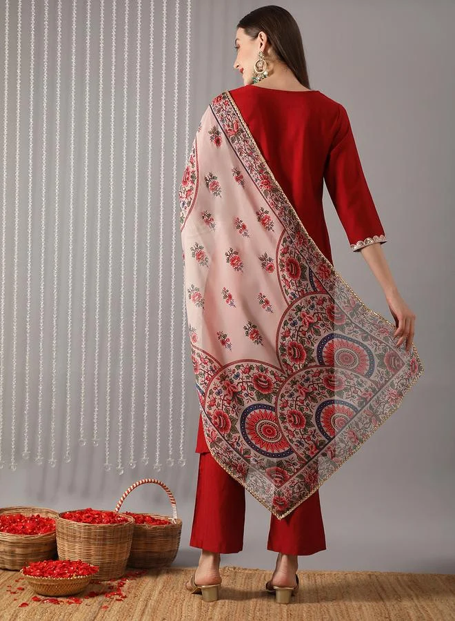 globus Women Red Embroidered Straight Kurta with Pant and Ethnic Dupatta Set